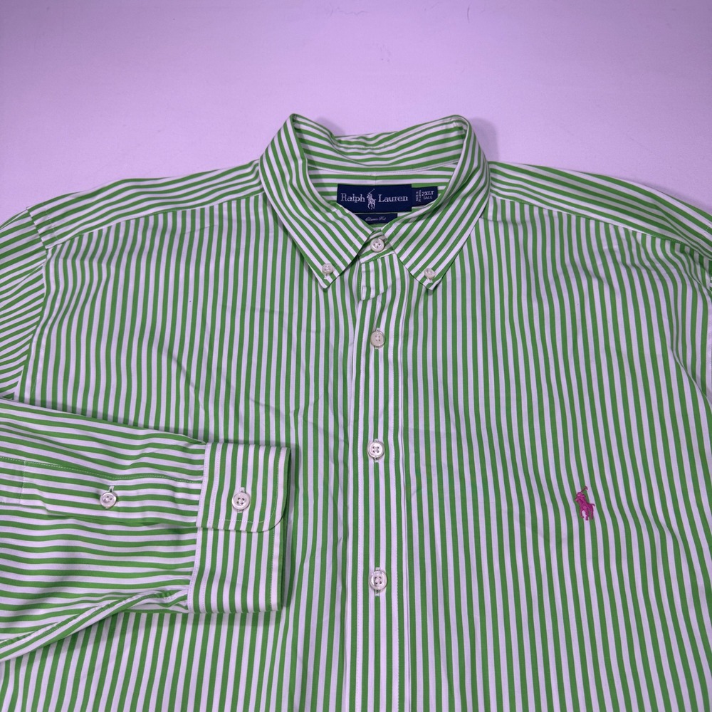 Ralph Lauren Men 2XLT Tall Green White Striped Classic Fit Button Down Shirt VTG